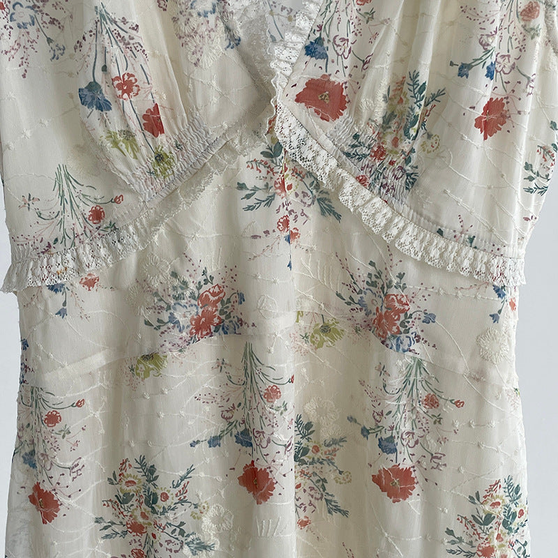 南法假日碎花V領印花刺繡收腰顯瘦洋裝