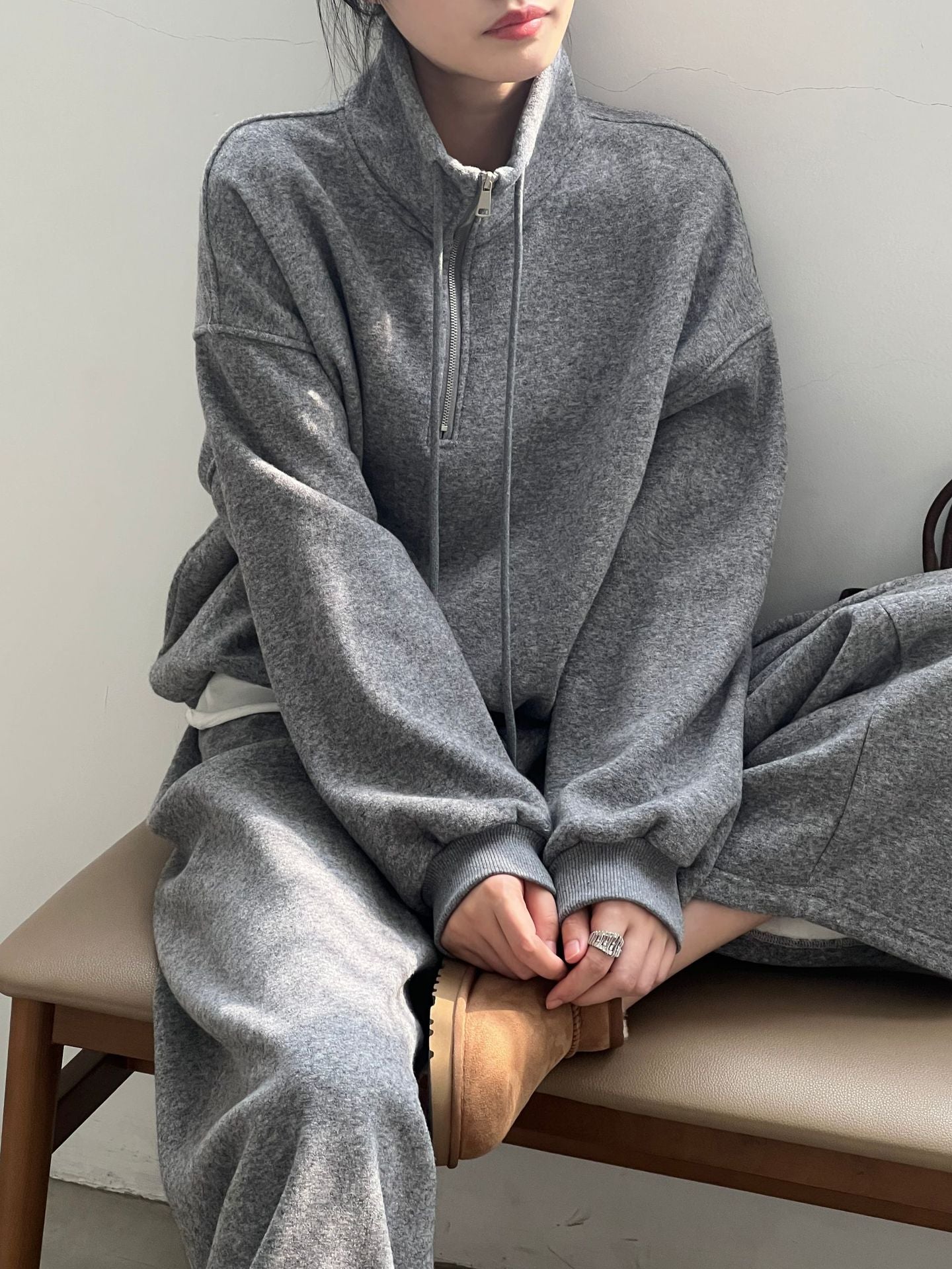 (48H出貨)韓系落肩立領加絨加厚衛衣＋休閒衛褲-兩件式套裝-2色
