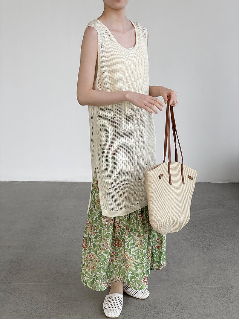 韓系側開叉圓領疊穿鏤空中長背心連身裙-4色