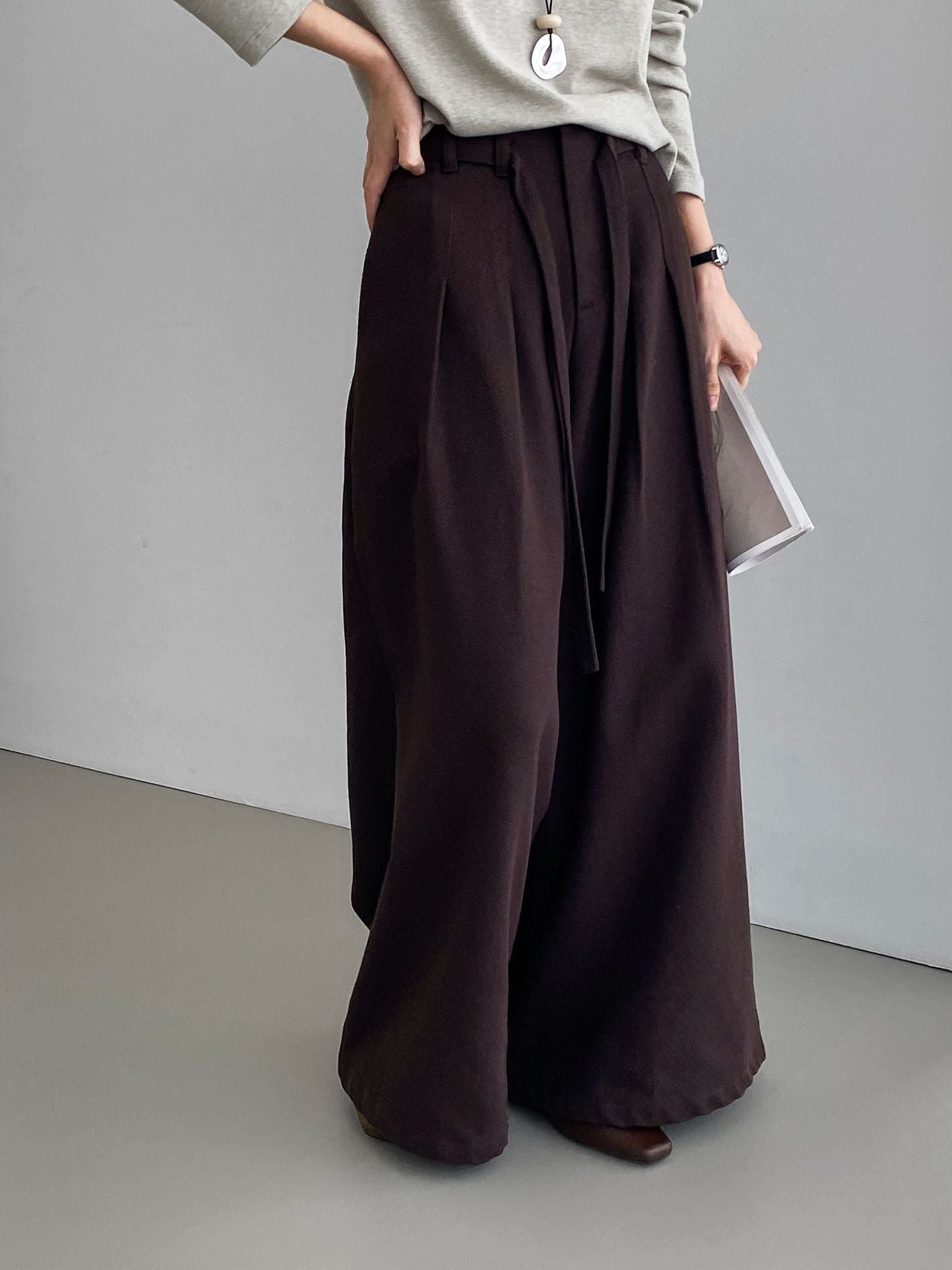 韓系簡約天絲棉繫帶闊腿褲-2色