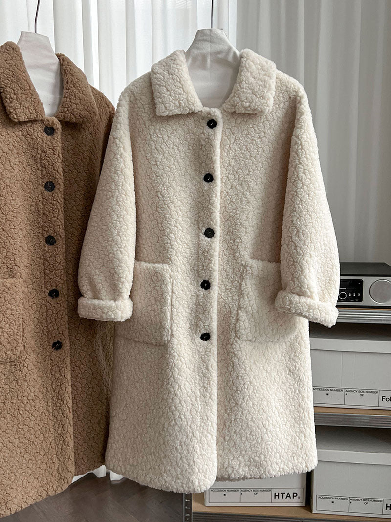 韓系加厚皮毛一體環保皮草羊羔毛大衣外套-2色