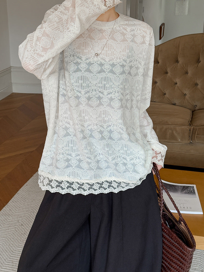 韓系圓領緹花蕾絲鏤空針織打底衫