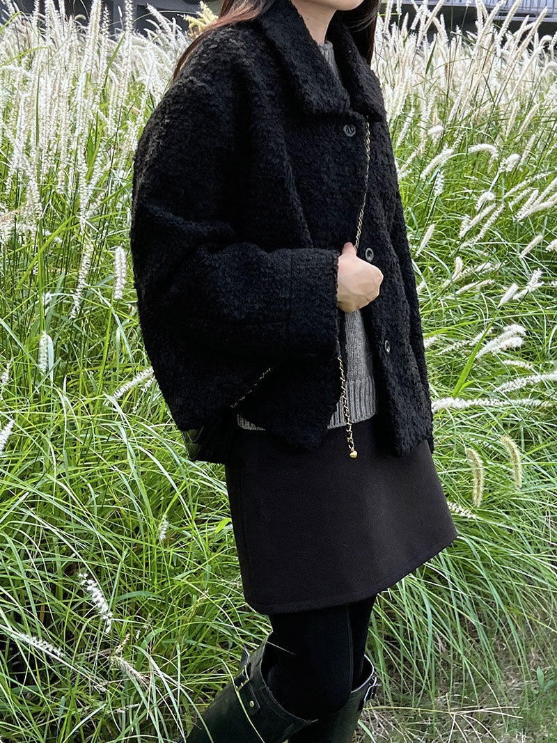 韓版單排扣短款羊羔毛翻領外套-2色