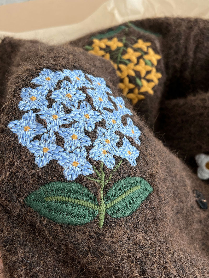 韓系復古軟糯花卉刺繡針織開衫外套-4色
