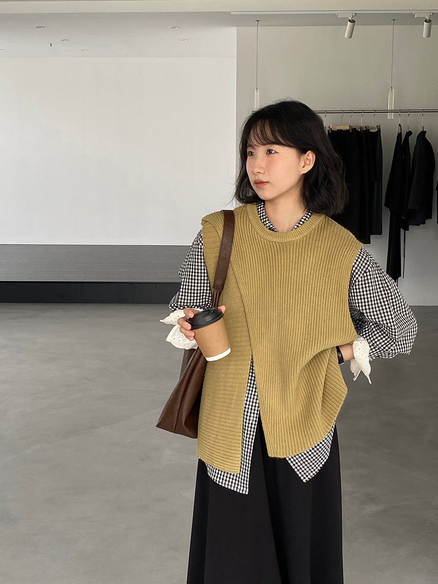 韓版不規則疊穿百搭款針織馬甲上衣-3色