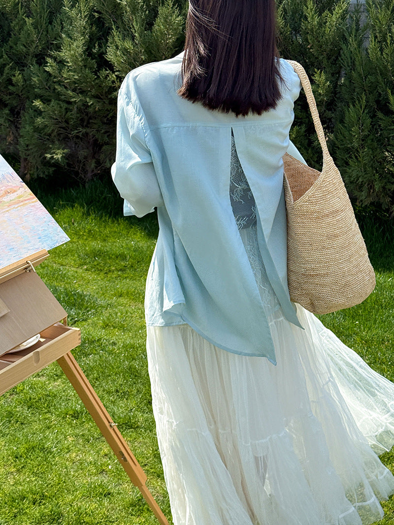韓系天絲純欲感背後蕾絲純色襯衫外套-2色