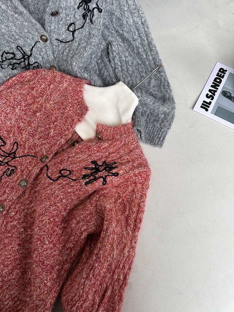 小眾刺繡軟糯長袖針織開衫-3色