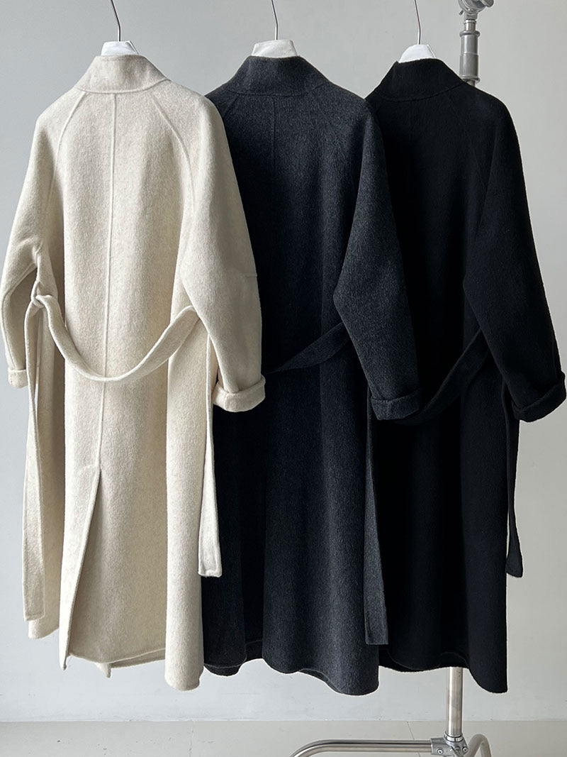 韓版慵懶斜扣領長款雙面呢羊毛大衣外套-3色
