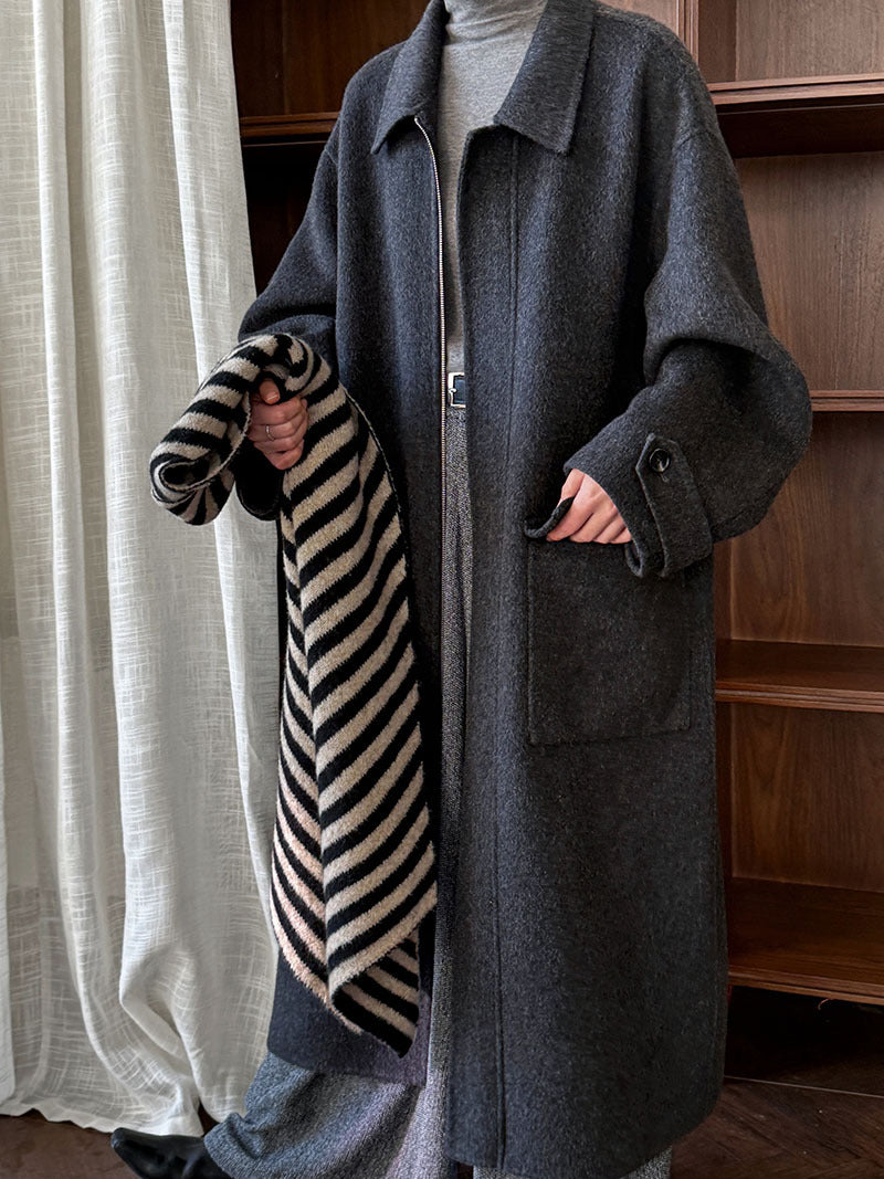 韓系高質感羊毛翻領拉鍊雙面呢大衣外套-2色