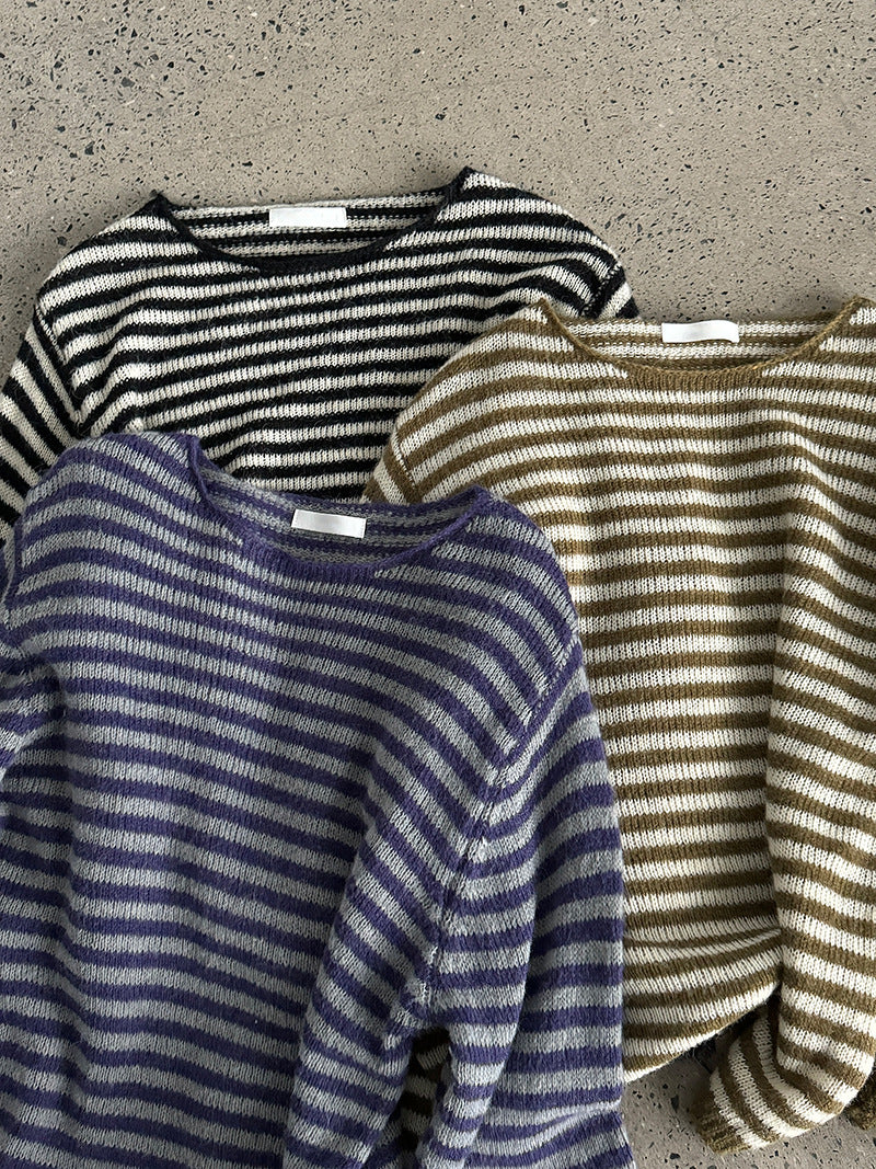 慵懶感軟糯休閒綿羊毛復古條紋針織衫-3色