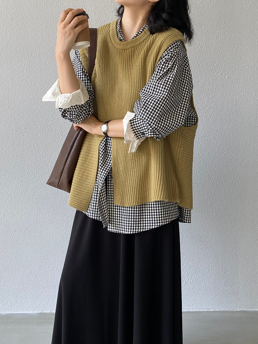 韓版不規則疊穿百搭款針織馬甲上衣-3色