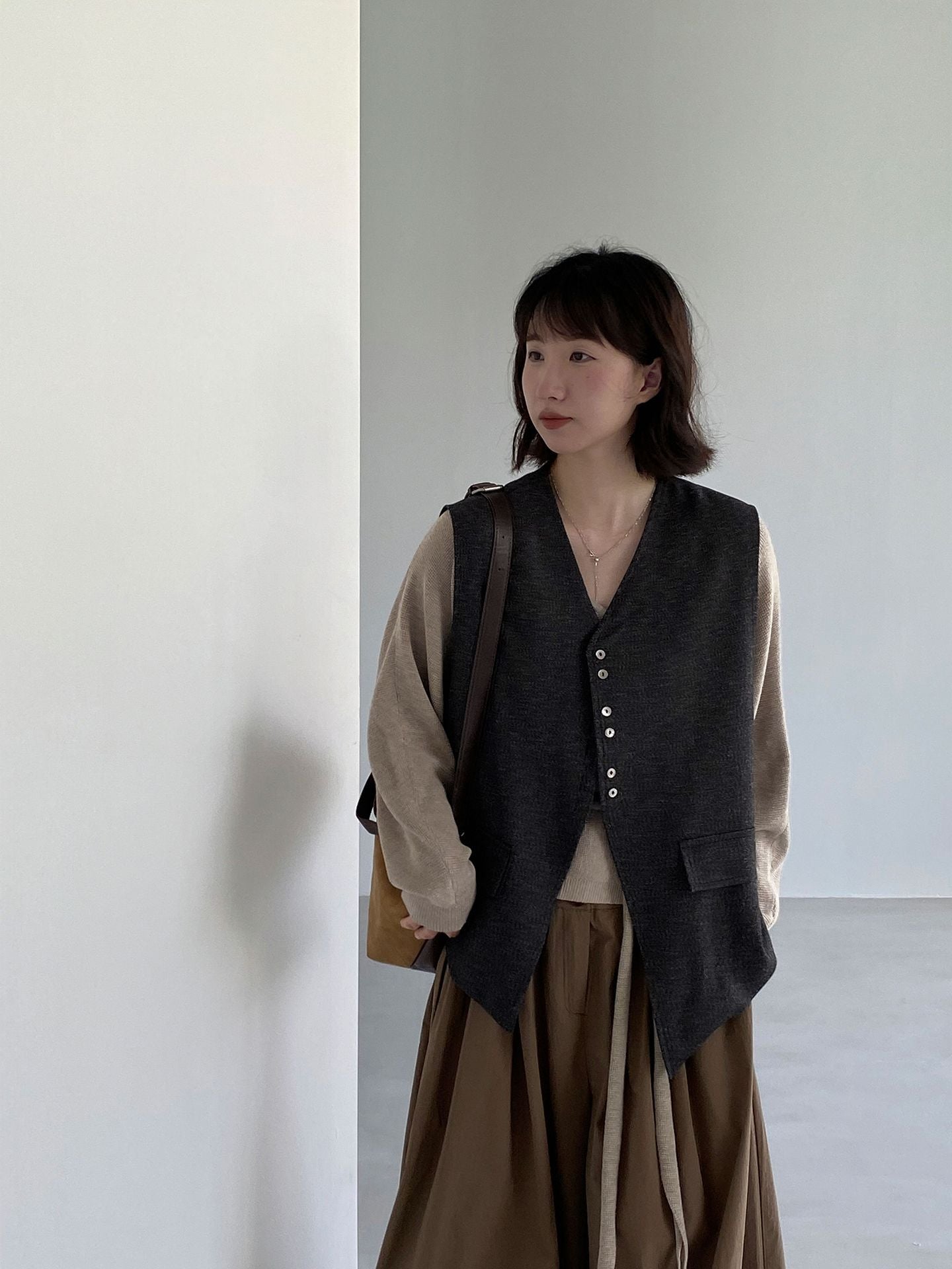 老錢風灰色寬鬆西裝馬甲背心外套