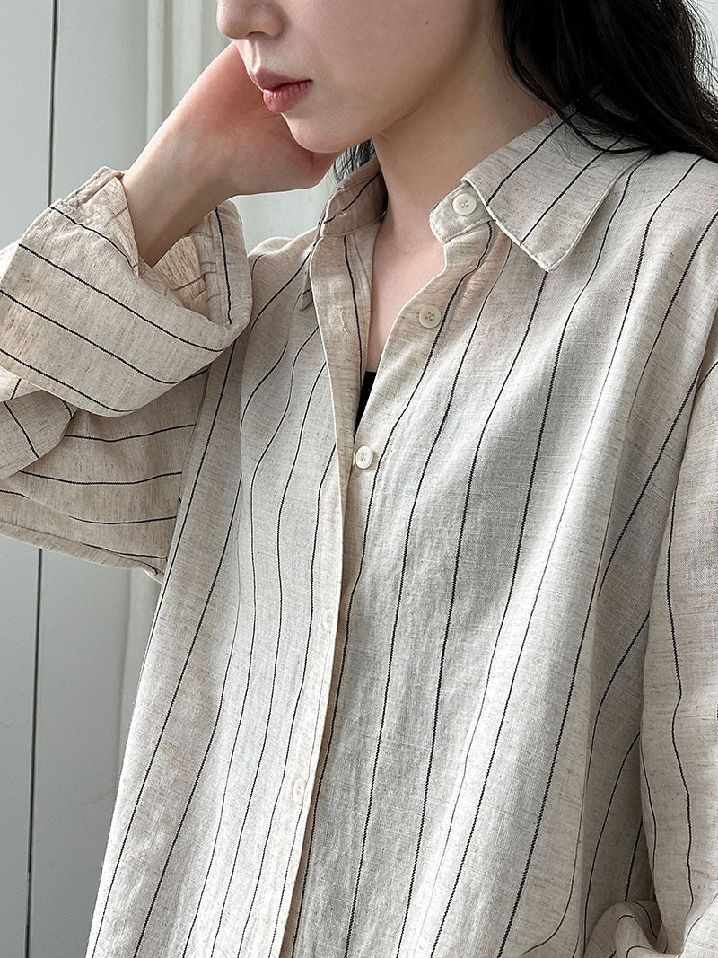 質感老錢風休閒條紋亞麻長袖襯衫外套-2色