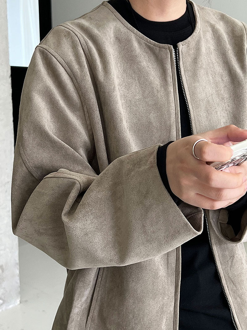 復古美拉德圓領休閒麂皮絨夾克短外套-2色