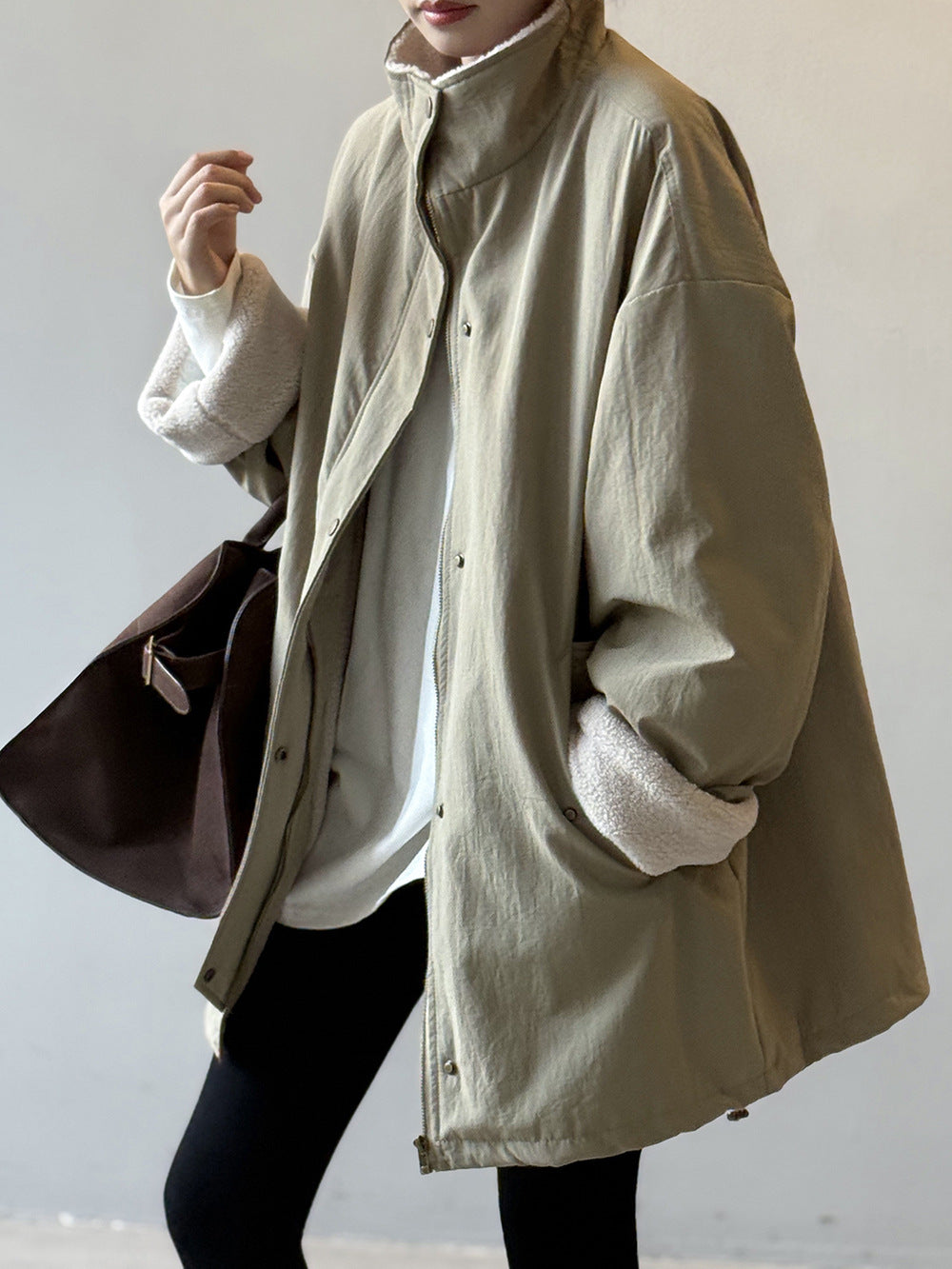 韓系設計感立領羊羔毛工裝保暖派克外套-2色