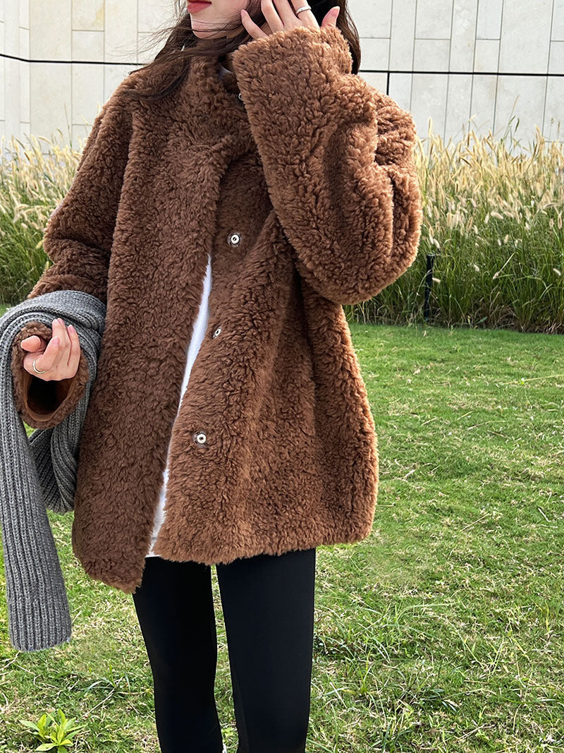 美拉德立領羊羔毛皮毛一體外套大衣-2色