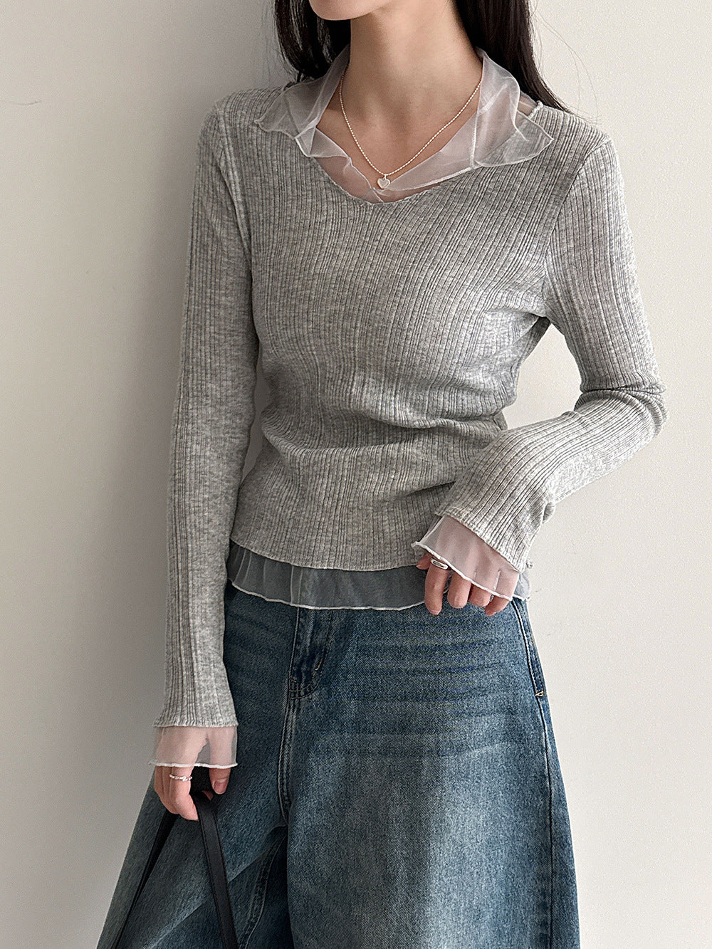 韓系羊毛薄款直條網紗拼接針織打底衫T恤-3色