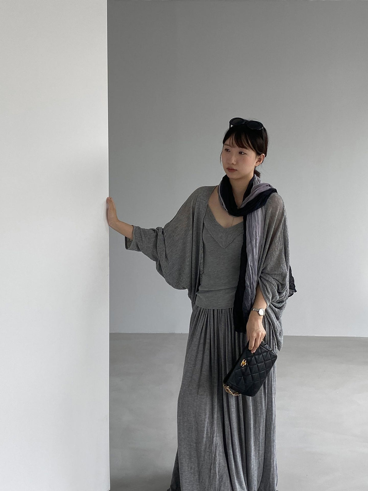 桑蠶絲羊毛長袖披肩+吊帶+長裙-三件式套裝-5色
