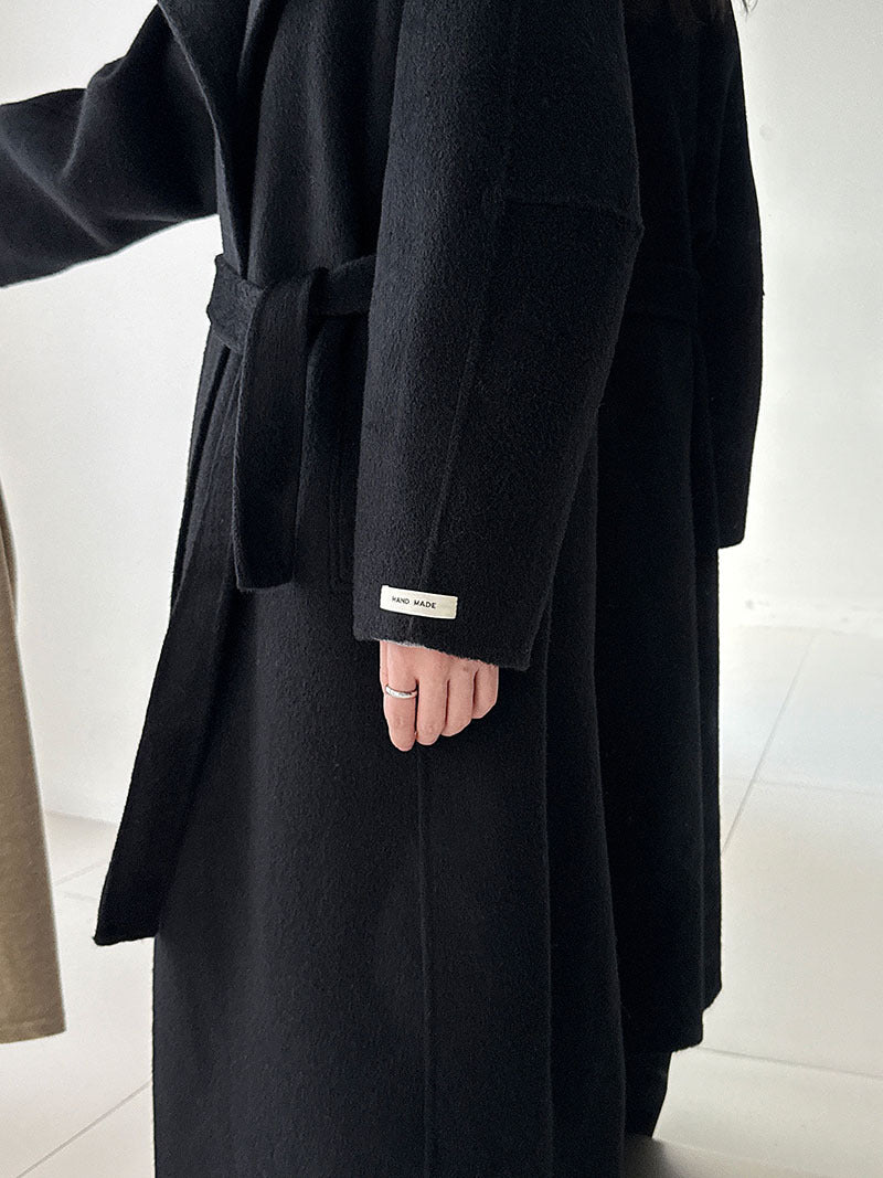 韓版慵懶斜扣領長款雙面呢羊毛大衣外套-3色