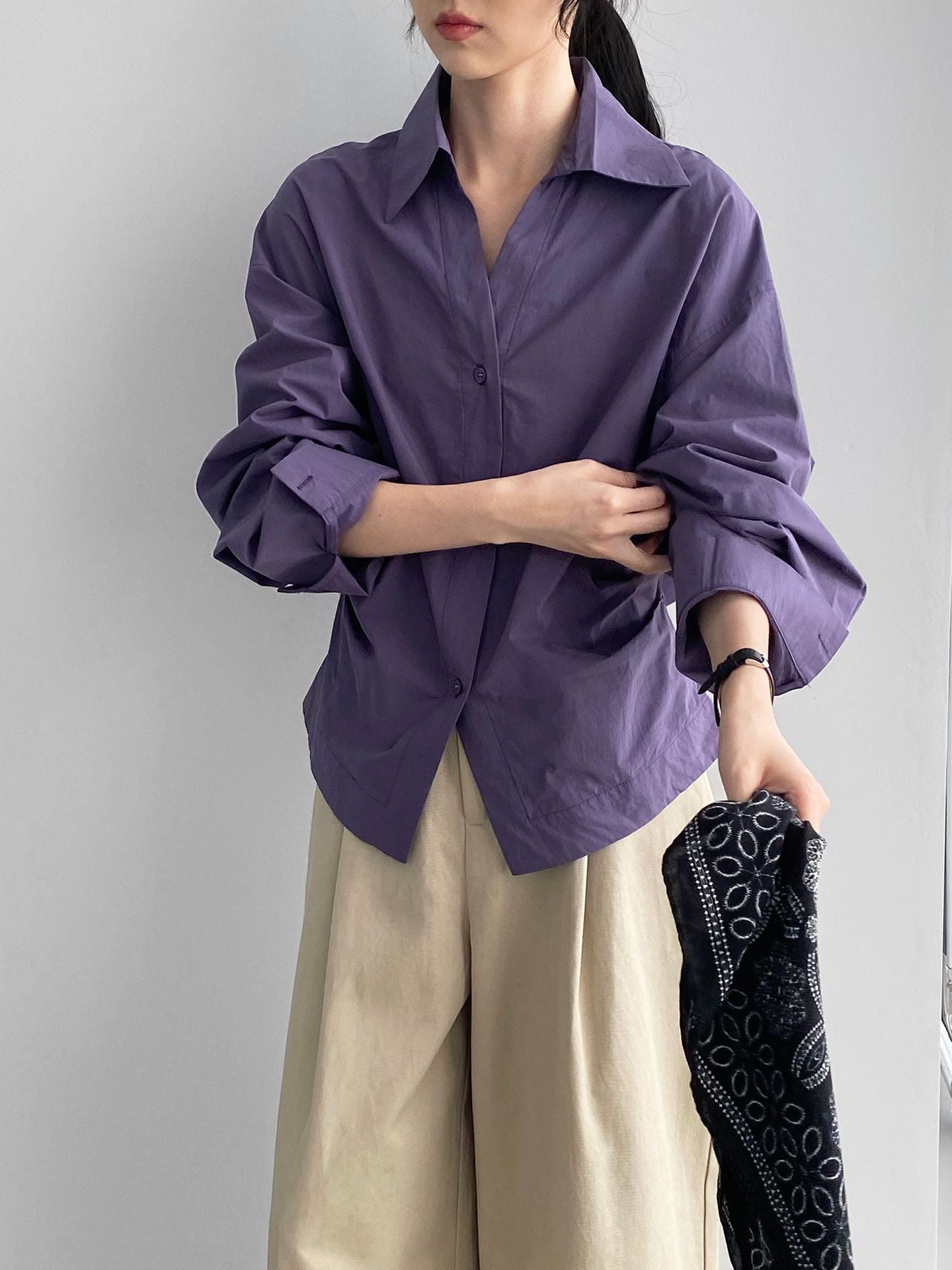 韓系通勤氣質顯瘦抽褶收腰襯衫+含披肩-3色