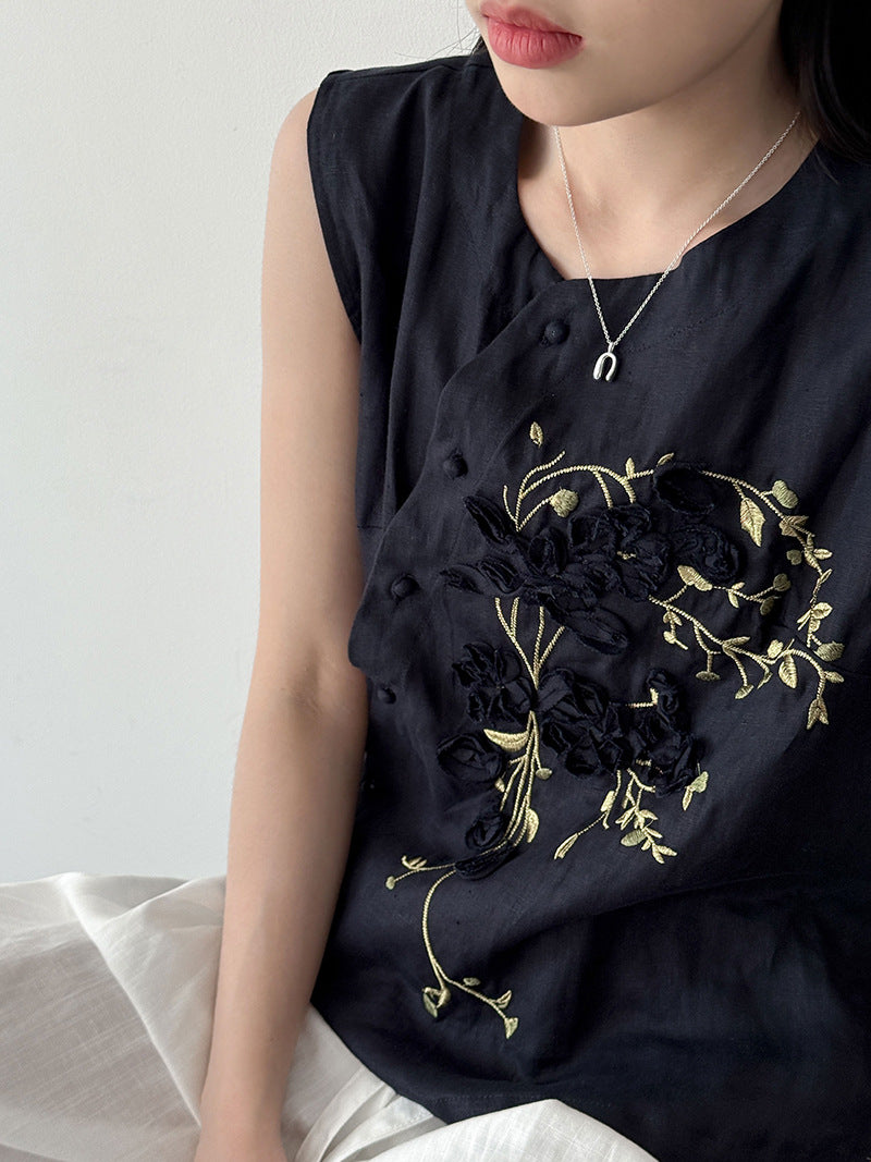 韓系刺繡新中式亞麻無袖馬甲-2色