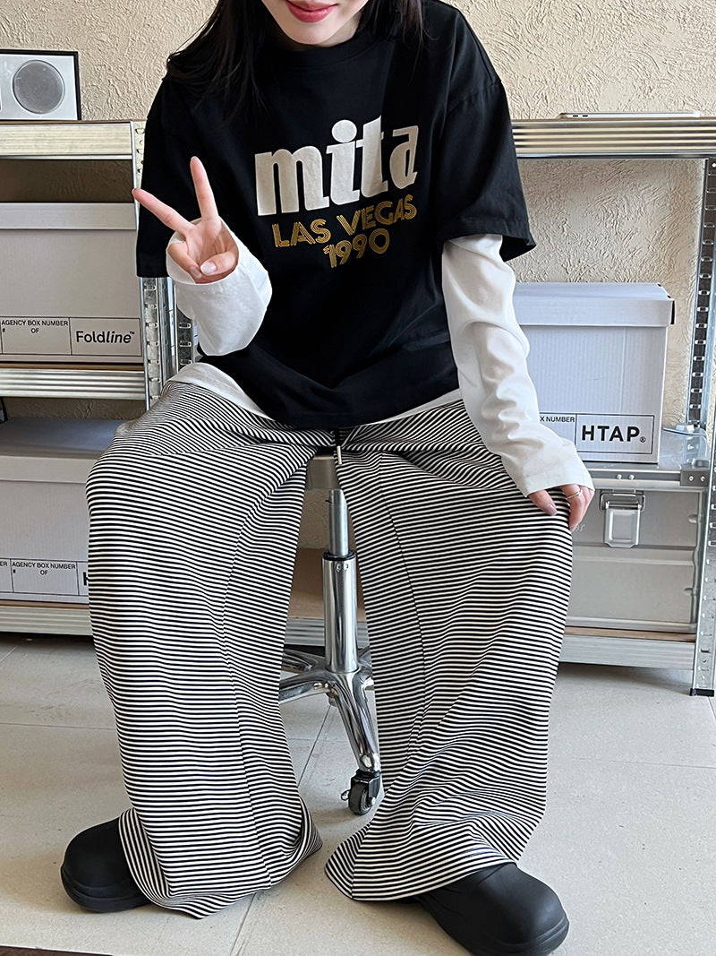 條紋寬鬆抽繩運動休閒闊腿褲