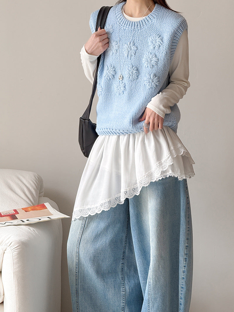 韓系通勤風圓領鉤花針織寬鬆背心馬甲-2色
