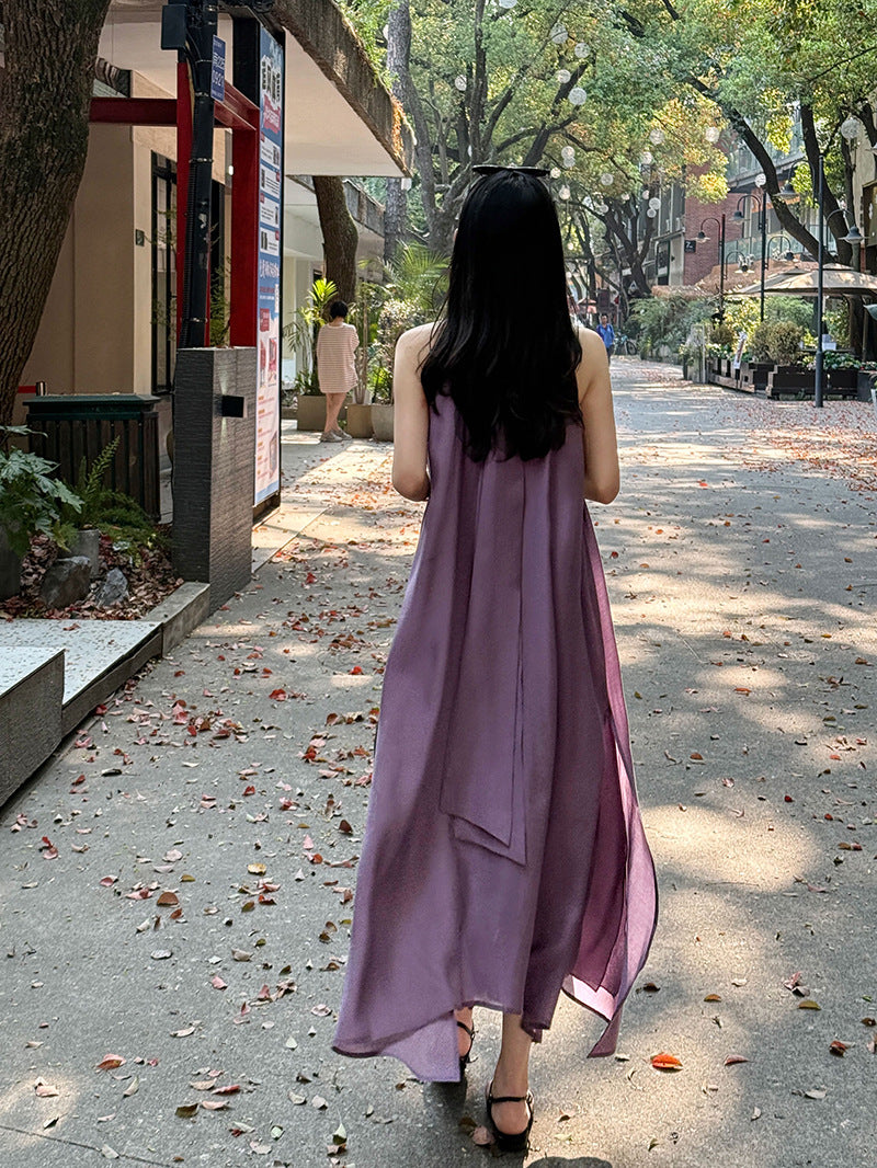 法式天絲飄帶露肩掛脖仙女連身裙-2色