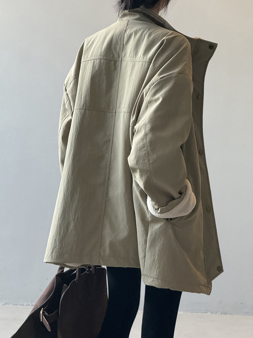 韓系設計感立領羊羔毛工裝保暖派克外套-2色