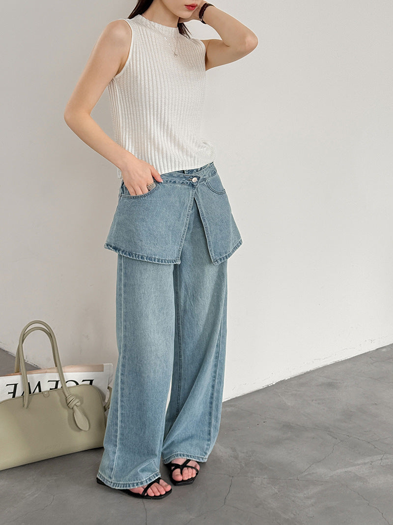 韓系小衆水洗可拆牛仔屁簾高腰顯瘦直筒牛仔褲