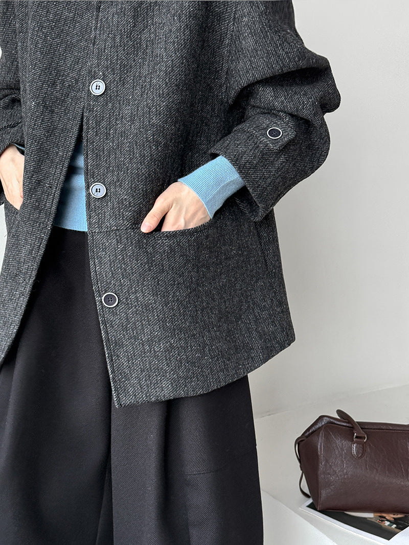 韓系復古翻領氣質撞色羊毛夾克外套-2色