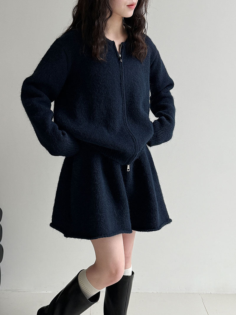 韓系軟糯休閒針織毛衣+卷邊A字短裙-兩件式套裝-3色