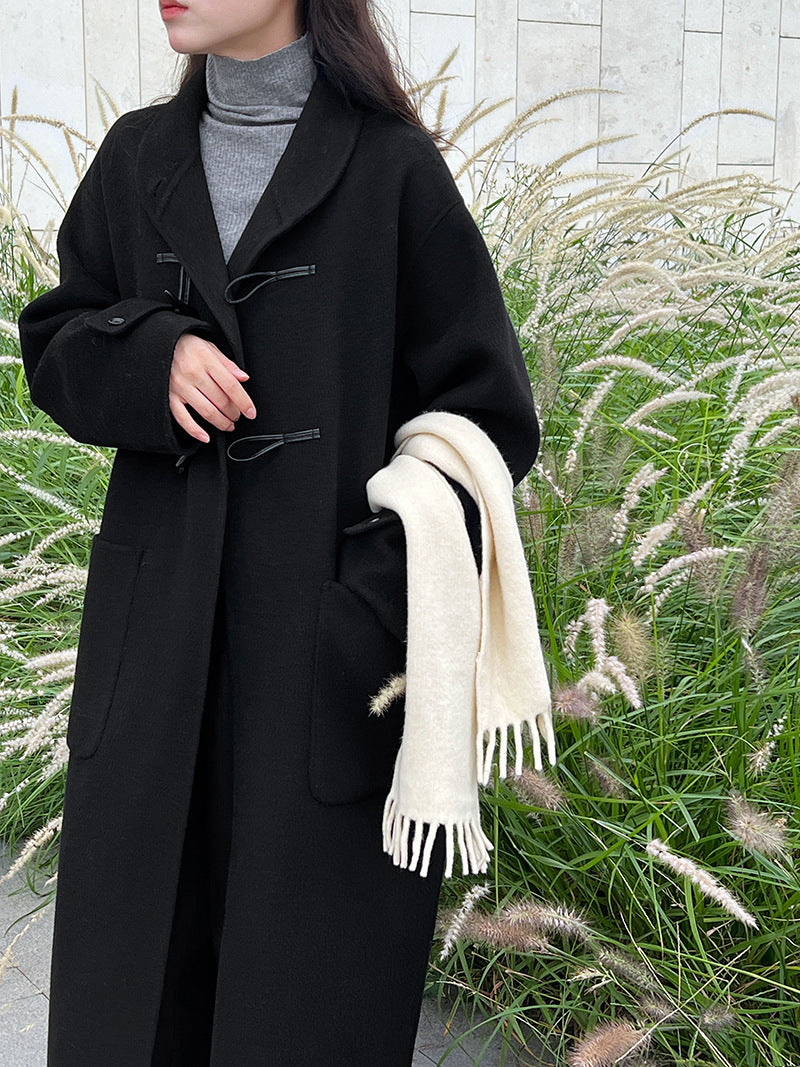 復古立領牛角扣羊毛雙面毛呢大衣外套