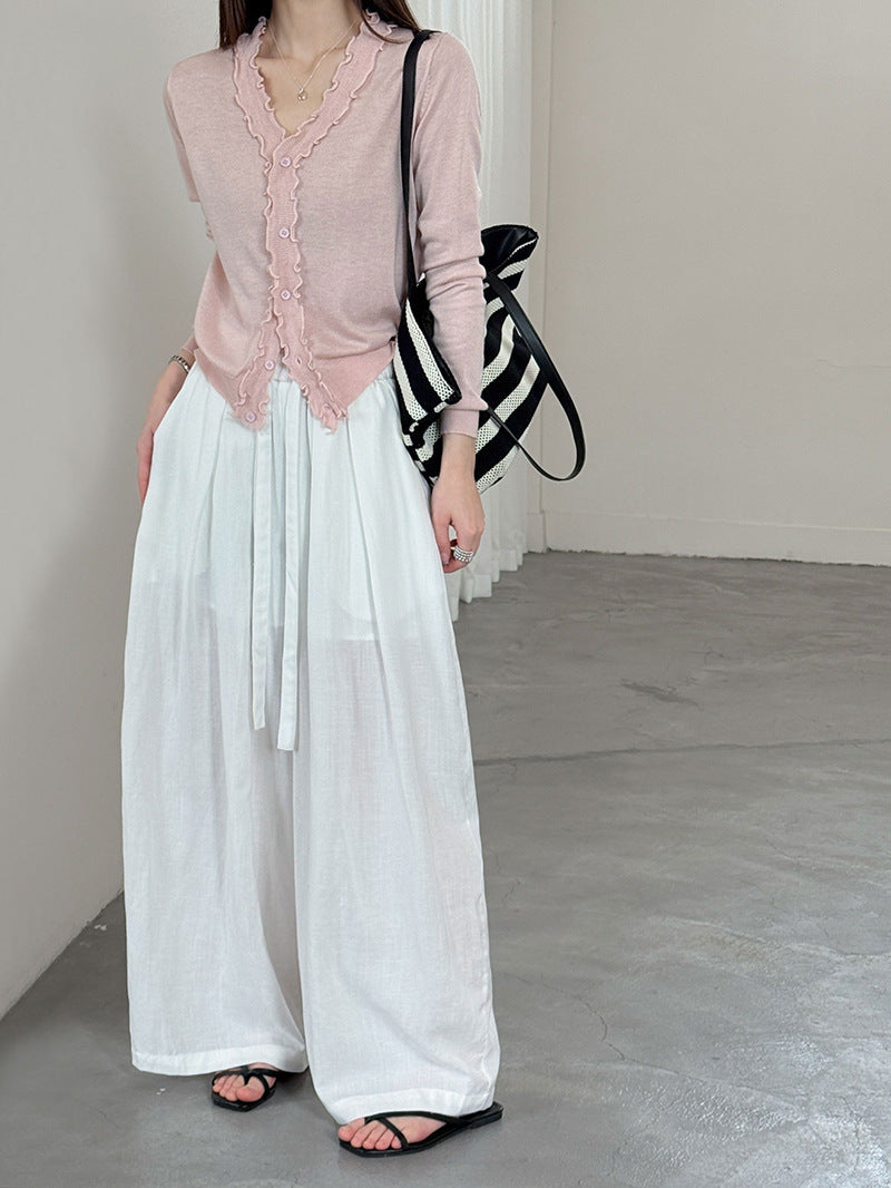 休閒輕薄亞麻鬆緊腰寬褲-3色