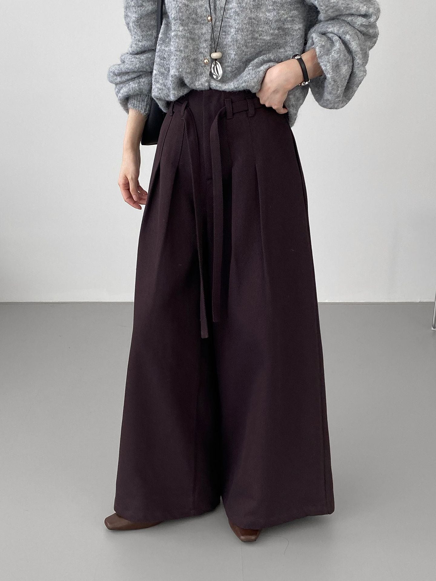 韓系簡約天絲棉繫帶闊腿褲-2色