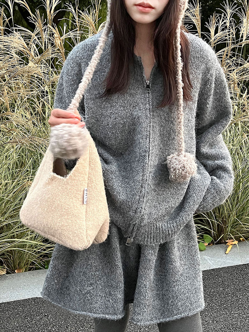 韓系軟糯休閒針織毛衣+卷邊A字短裙-兩件式套裝-3色