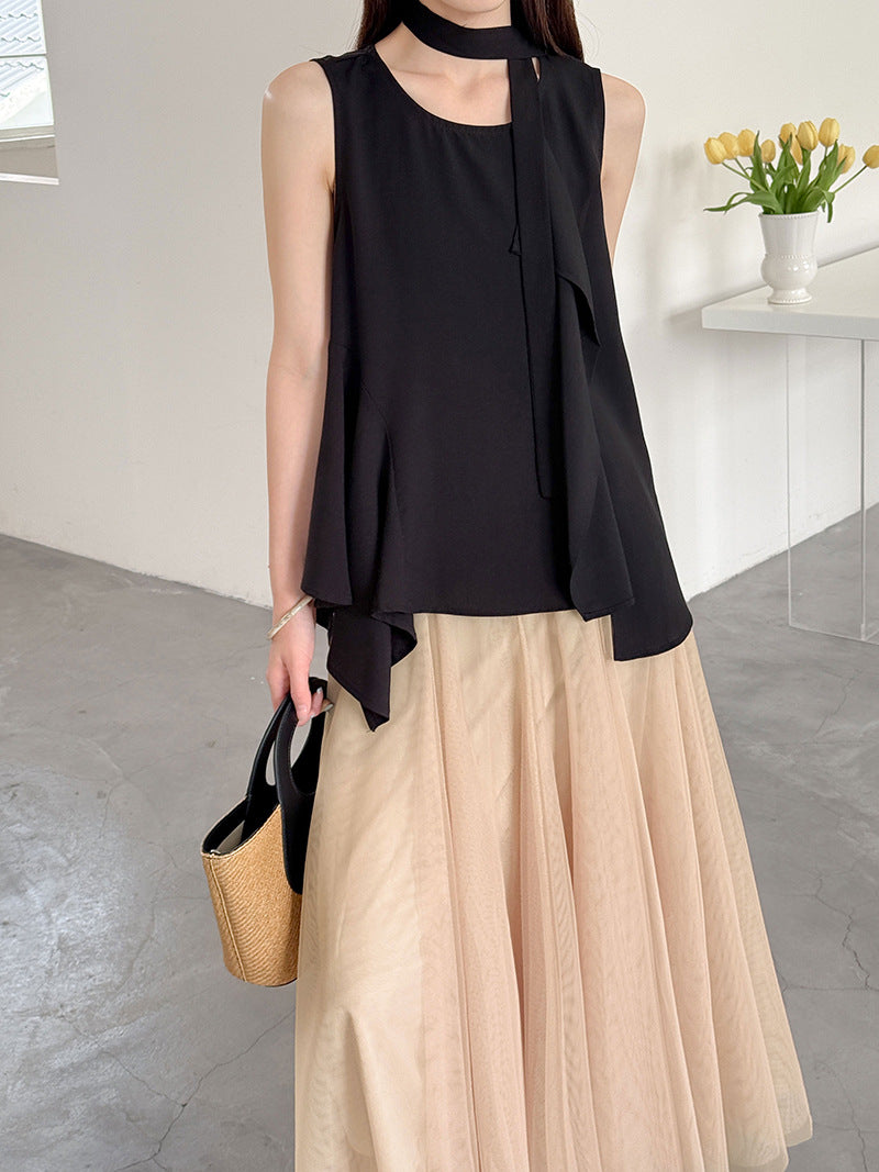韓系設計感氣質無袖吊帶上衣（贈飄帶）-3色