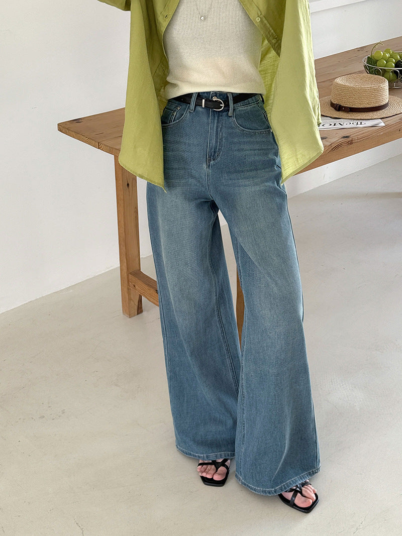 韓系高腰顯瘦寬鬆微喇褲牛仔闊腿褲