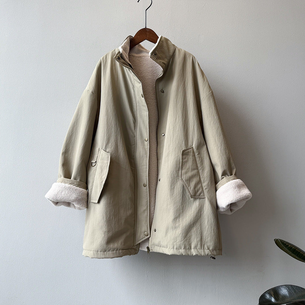 韓系設計感立領羊羔毛工裝保暖派克外套-2色
