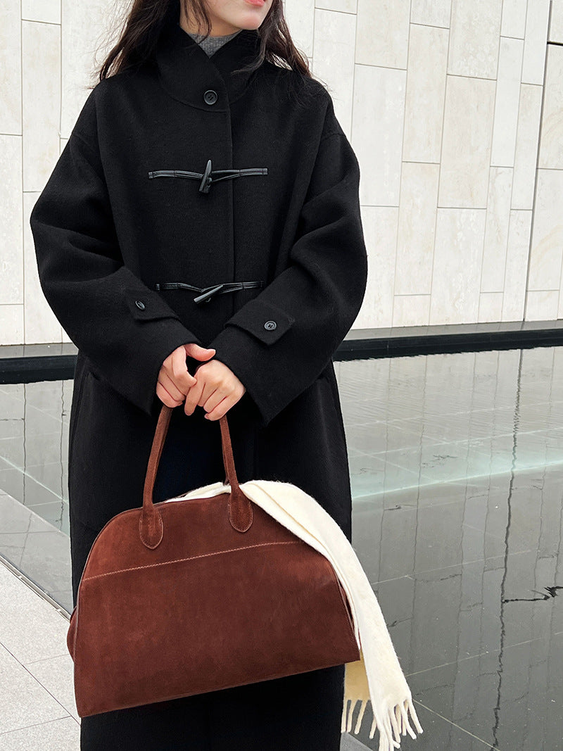 復古立領牛角扣羊毛雙面毛呢大衣外套