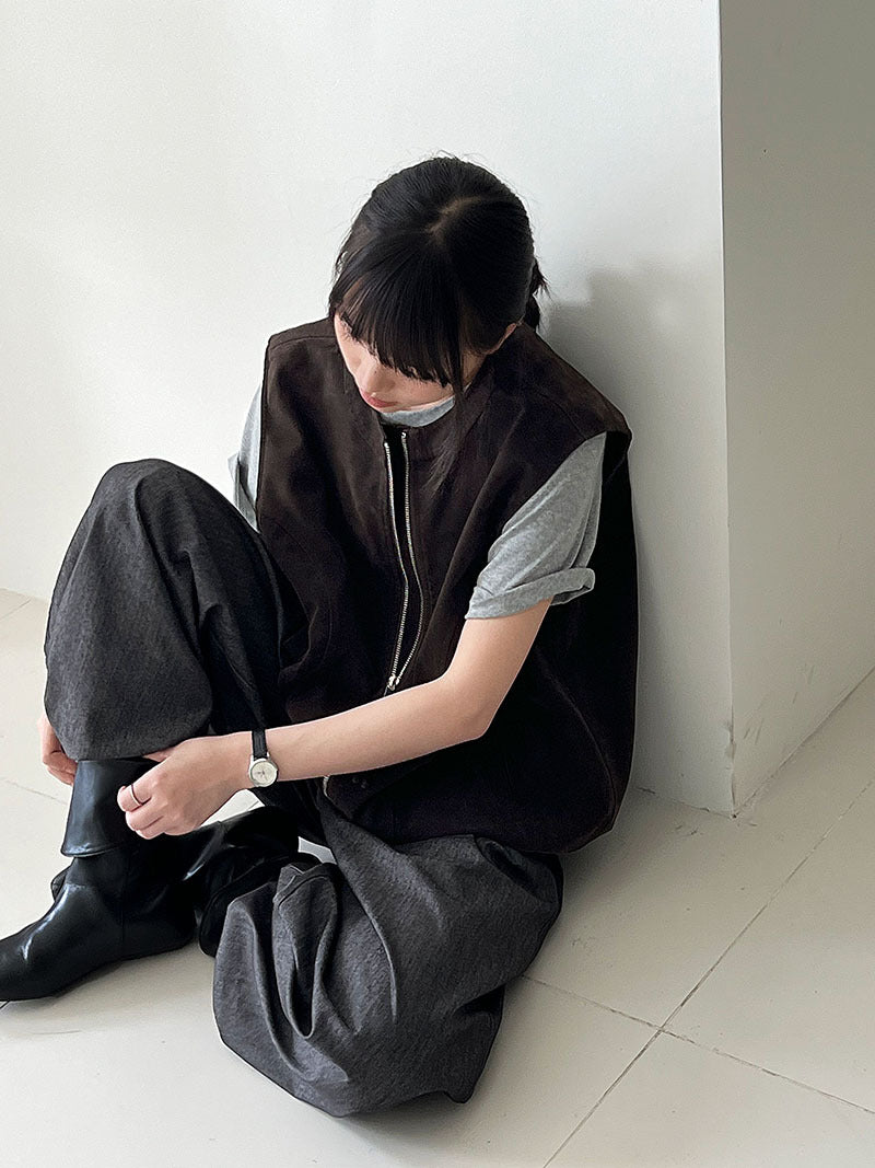 韓系復古寬鬆疊穿圓領無袖拉鍊馬甲背心-2色