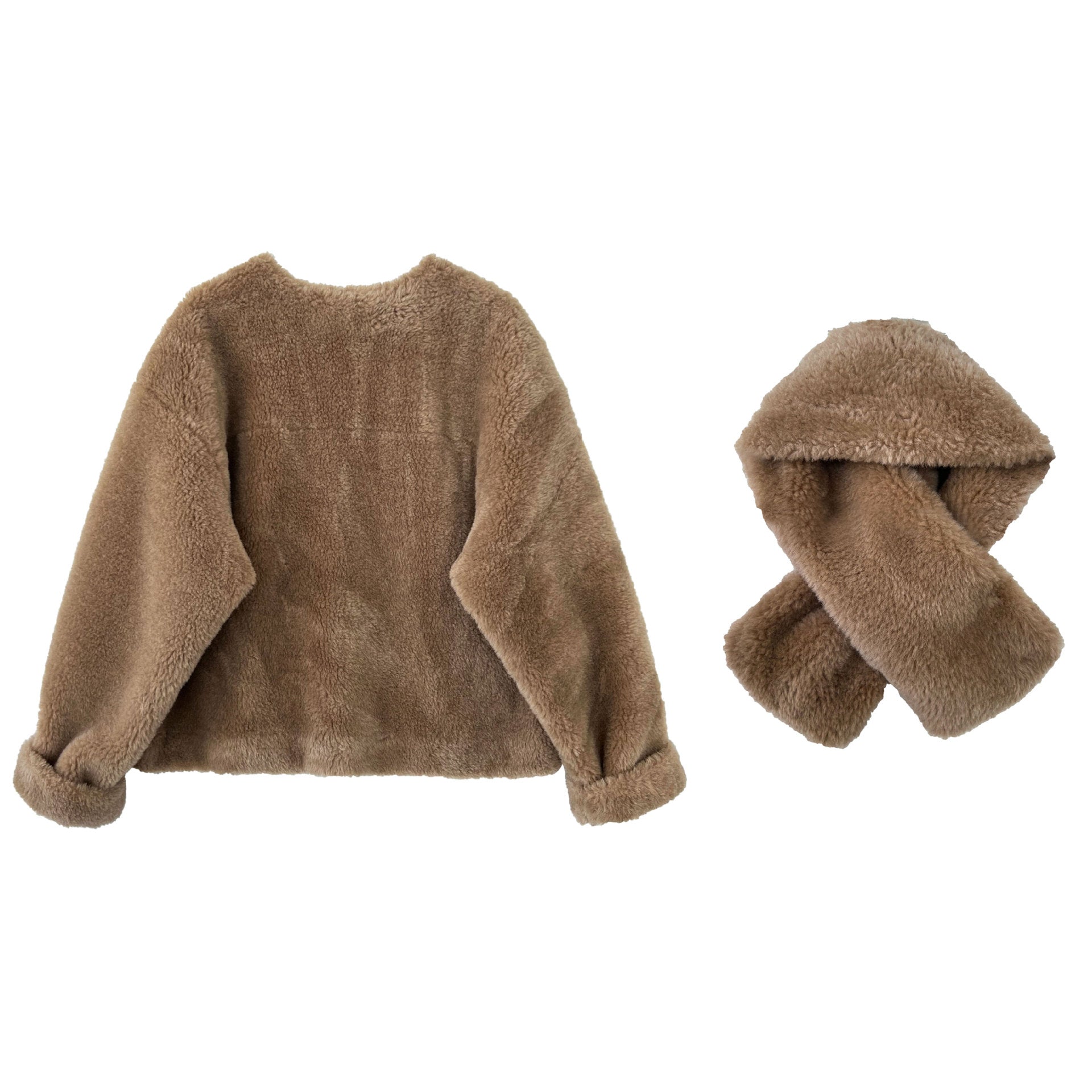 保暖毛絨皮草羊羔毛外套+圍巾-2色