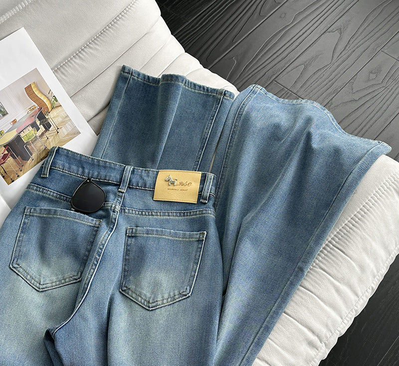 韓系高腰顯瘦寬鬆微喇褲牛仔闊腿褲