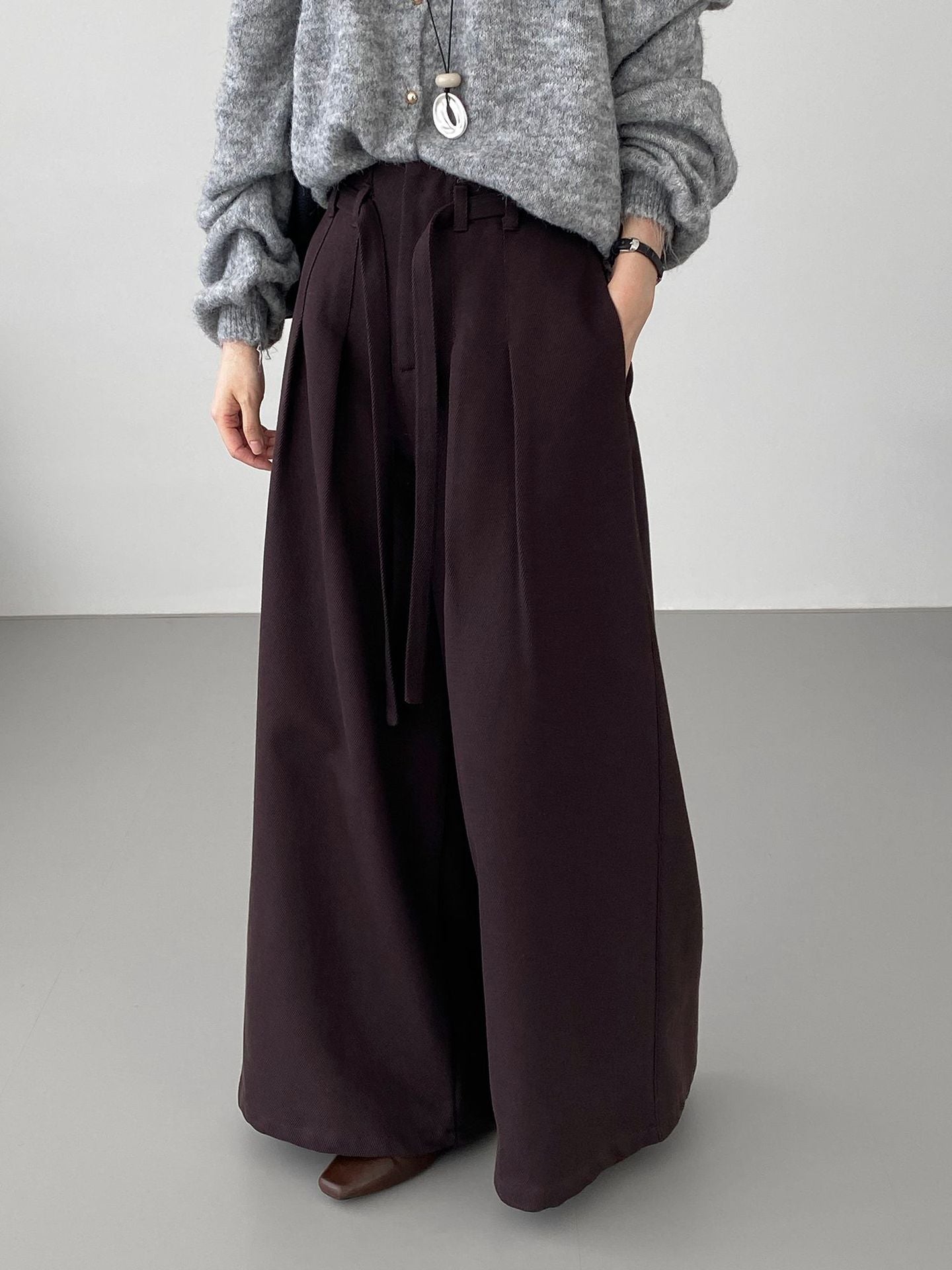 韓系簡約天絲棉繫帶闊腿褲-2色