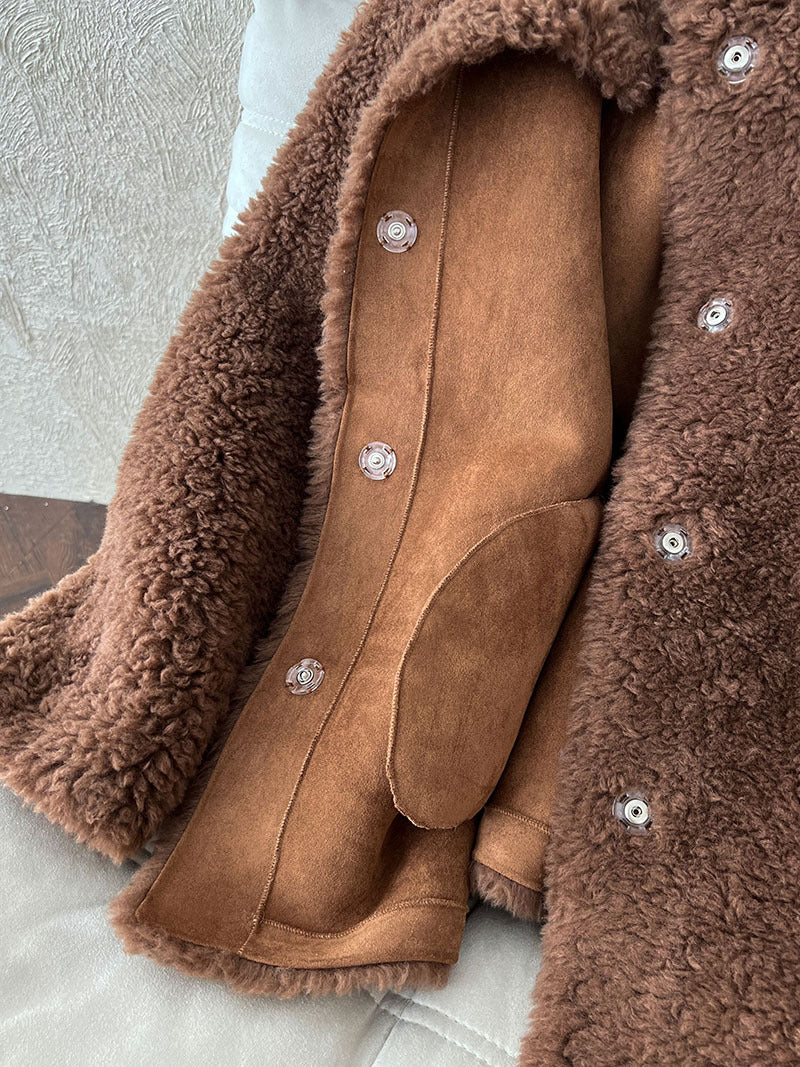 美拉德立領羊羔毛皮毛一體外套大衣-2色