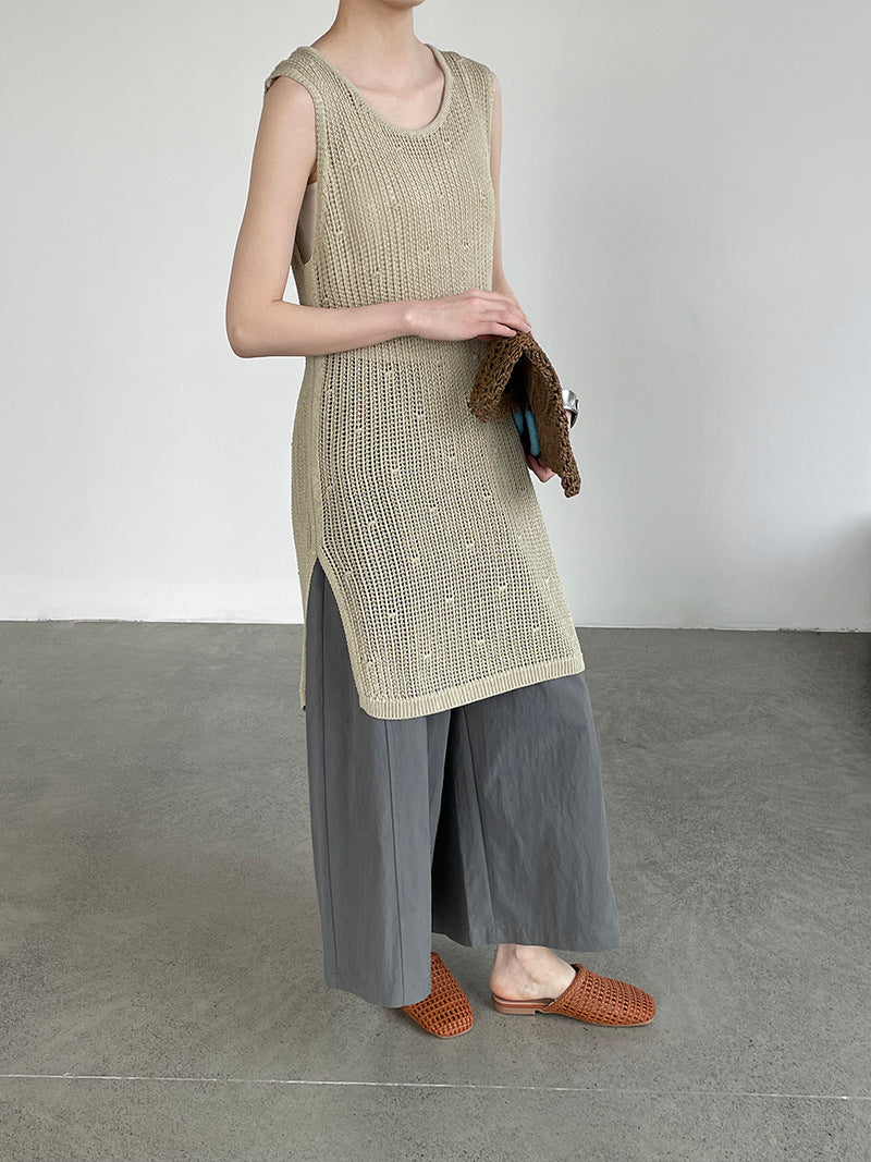 韓系側開叉圓領疊穿鏤空中長背心連身裙-4色