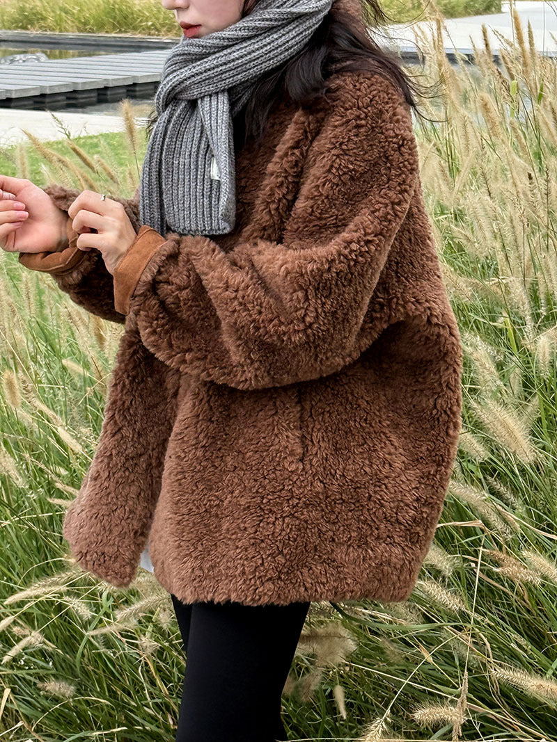 美拉德立領羊羔毛皮毛一體外套大衣-2色