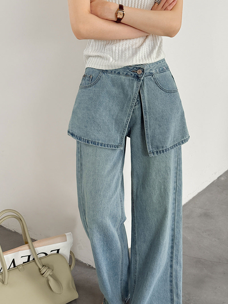 韓系小衆水洗可拆牛仔屁簾高腰顯瘦直筒牛仔褲