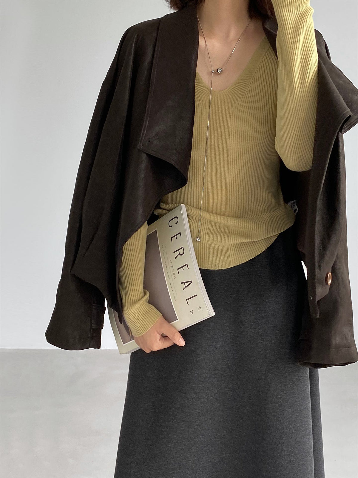 綿羊毛V領細坑條長袖針織打底上衣-7色
