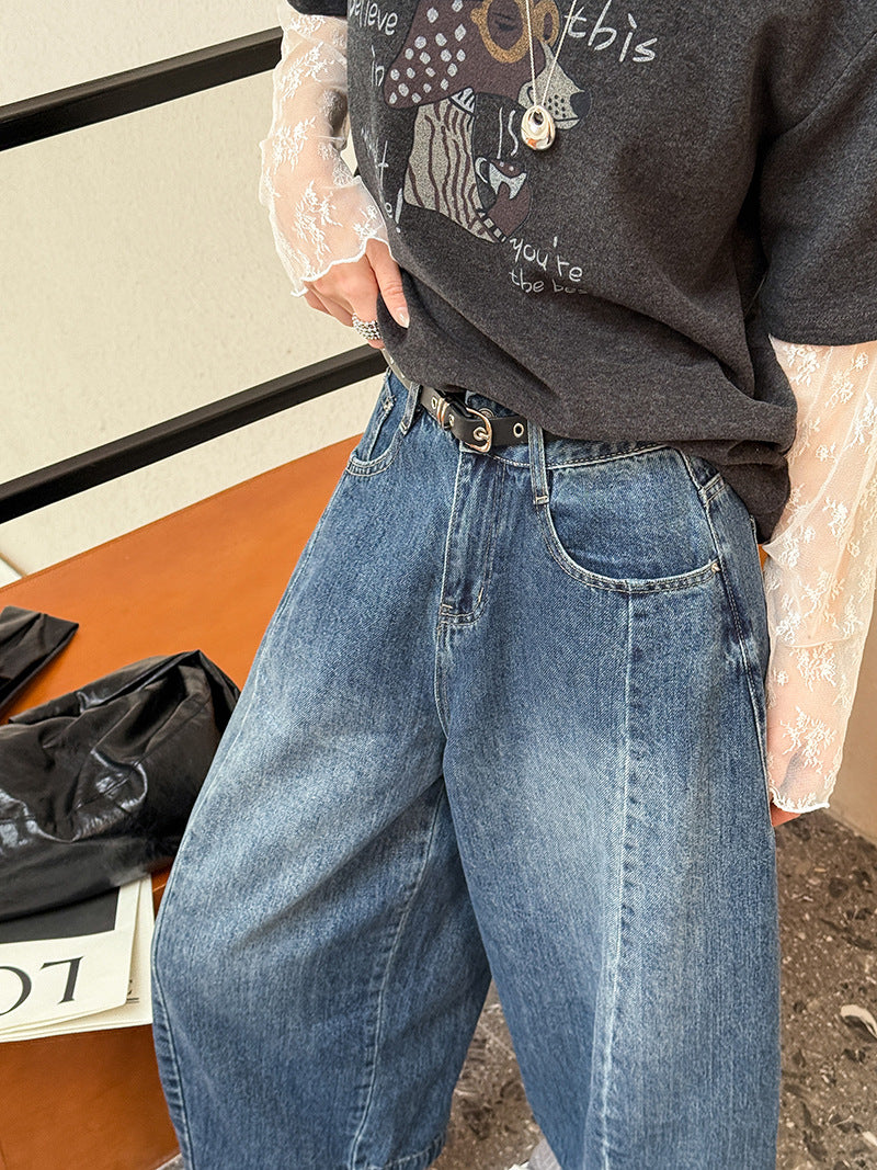 韓系設計感高腰直筒牛仔闊腿九分褲